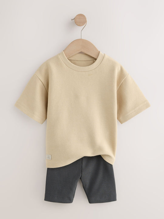 Multi Neutral Short Sleeve Textured T-Shirts & Cycling Shorts 3 Pack (3mths-7yrs)