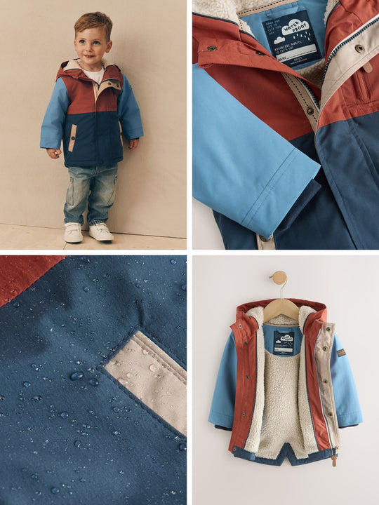 Navy/Red Colourblock Waterproof Borg Lined Parka Coat (3mths-7yrs)