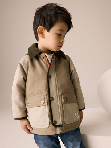Neutral Brown Hooded Cord Collar Shower Resistant Coat (3mths-7yrs)
