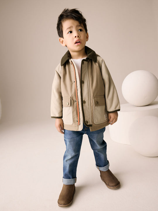 Neutral Brown Hooded Cord Collar Shower Resistant Coat (3mths-7yrs)