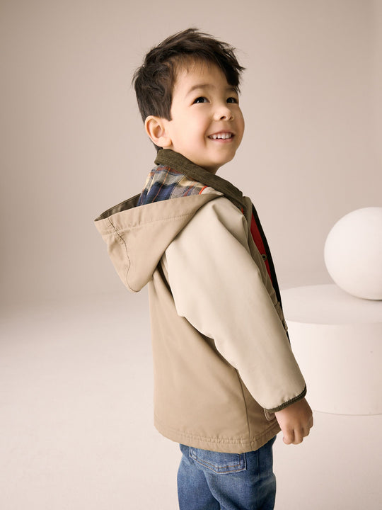 Neutral Brown Hooded Cord Collar Shower Resistant Coat (3mths-7yrs)
