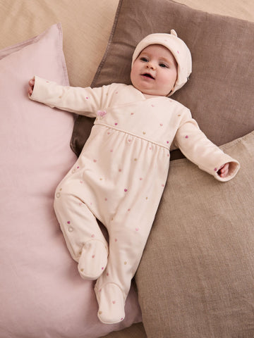 JoJo Maman Bébé Cream Heart Embroidered Cotton 2-Piece Sleepsuit and Hat Set