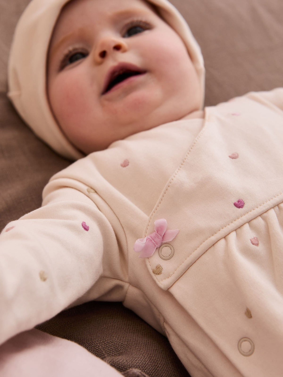 JoJo Maman Bébé Cream Heart Embroidered Cotton 2-Piece Sleepsuit and Hat Set