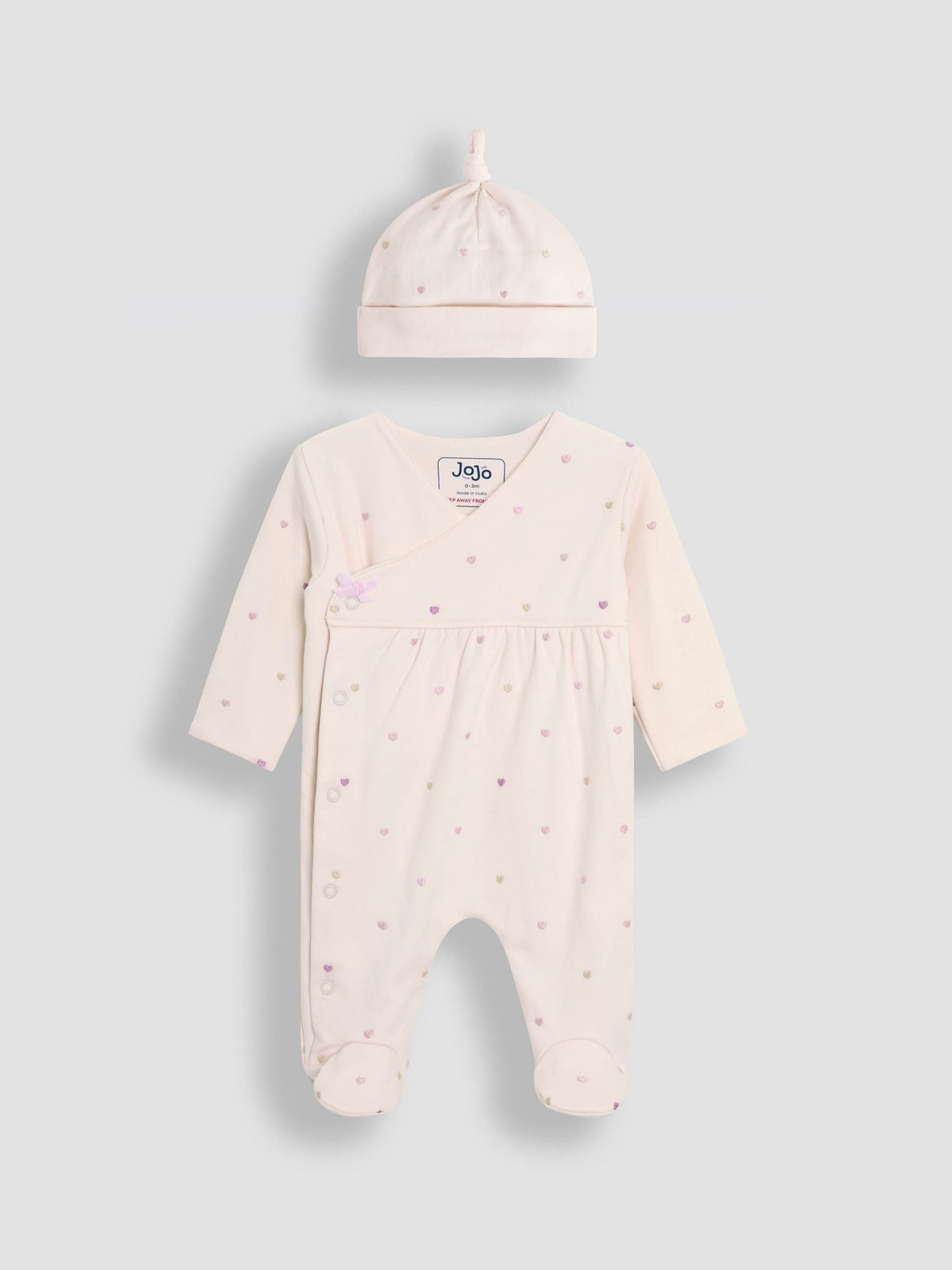 JoJo Maman Bébé Cream Heart Embroidered Cotton 2-Piece Sleepsuit and Hat Set