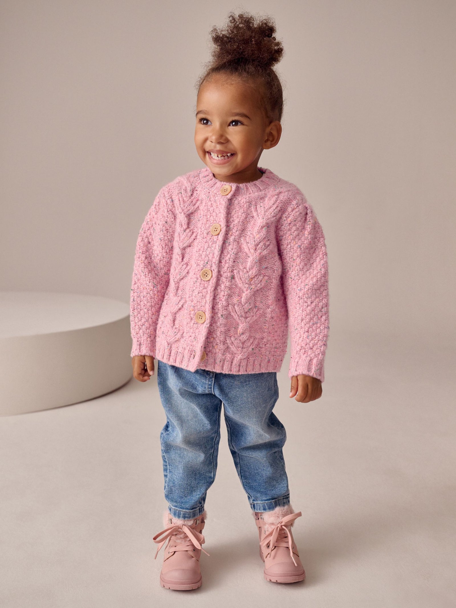 Pink Chunky Knit Bobble Cardigan (3mths-10yrs)