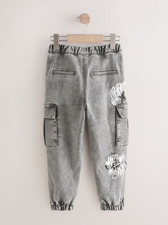 Grey Graffiti Cargo Jeans With Elasticated Waist (3-16yrs)