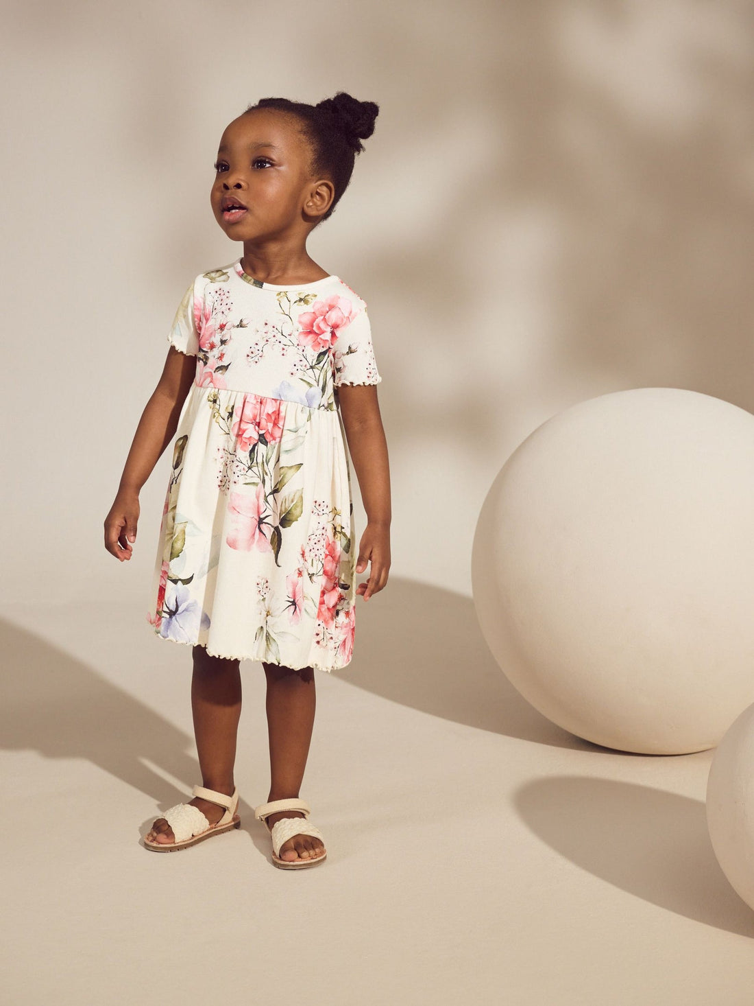 Cream Floral Short Sleeve Rib Summer Dress (3mths-7yrs)