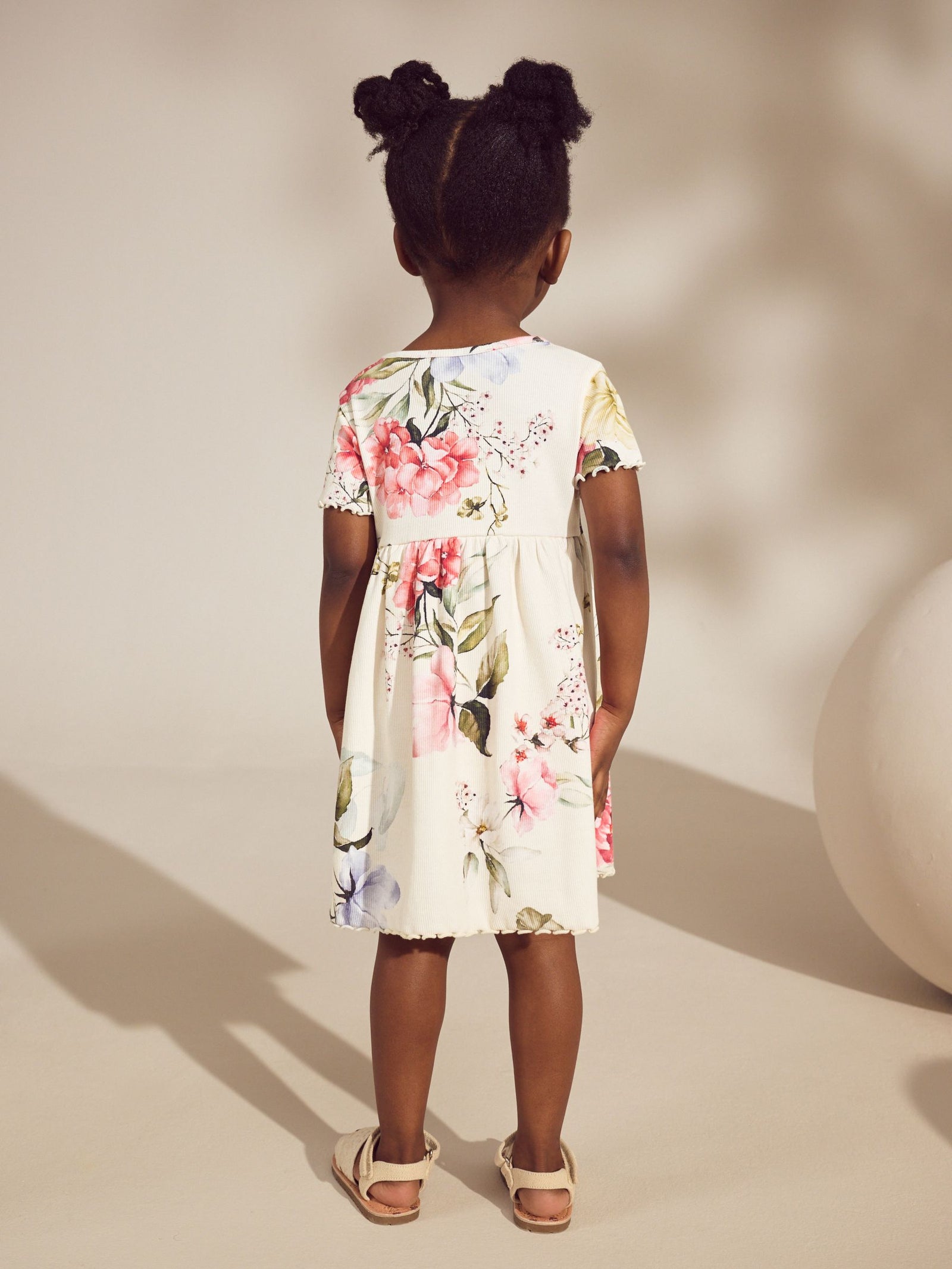 Cream Floral Short Sleeve Rib Summer Dress (3mths-7yrs)