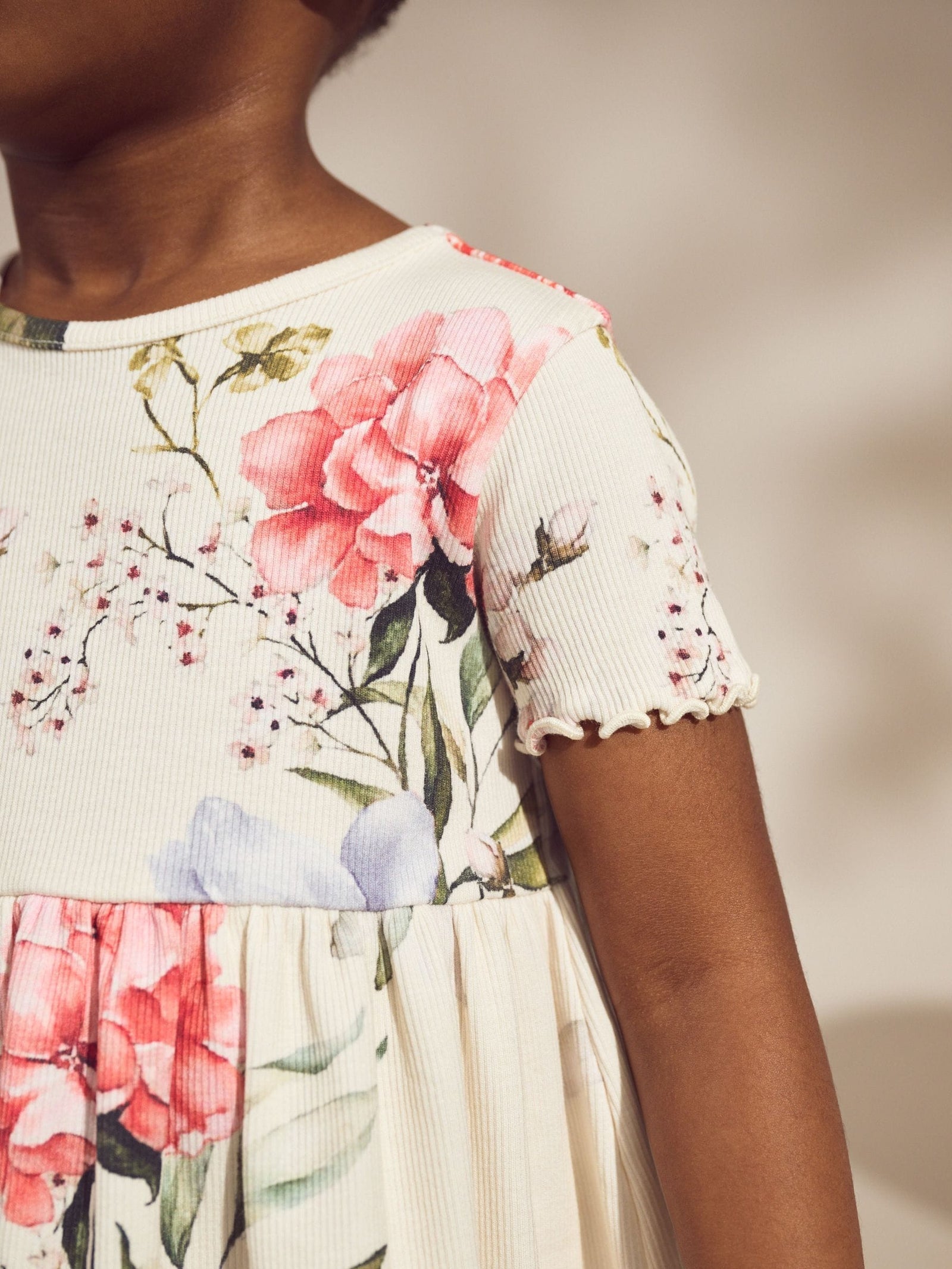 Cream Floral Short Sleeve Rib Summer Dress (3mths-7yrs)
