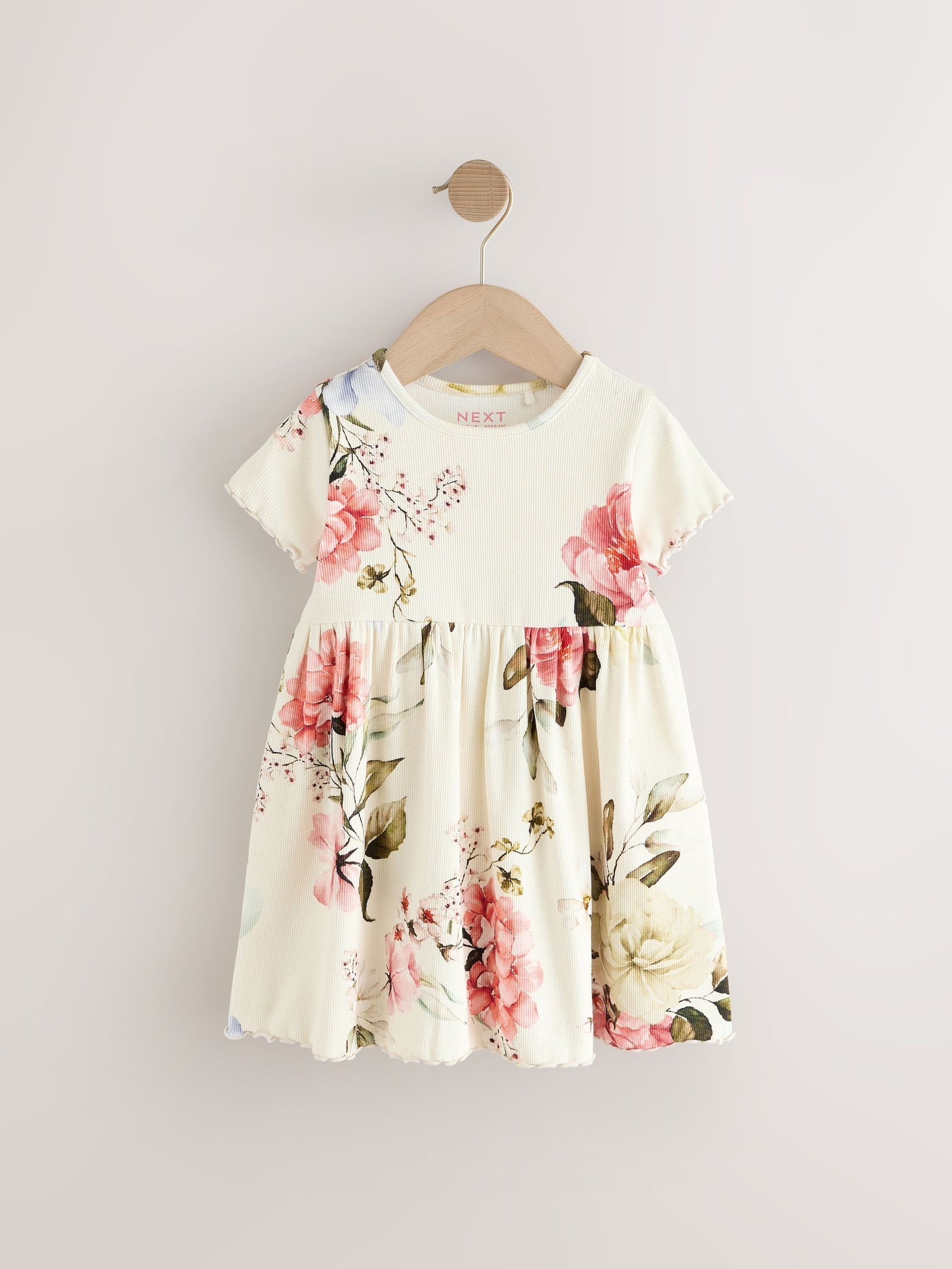Cream Floral Short Sleeve Rib Summer Dress (3mths-7yrs)