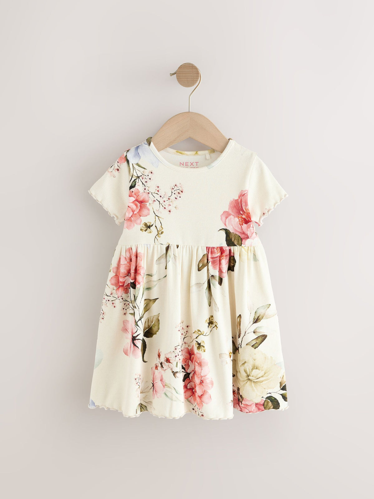 Cream Floral Short Sleeve Rib Summer Dress (3mths-7yrs)