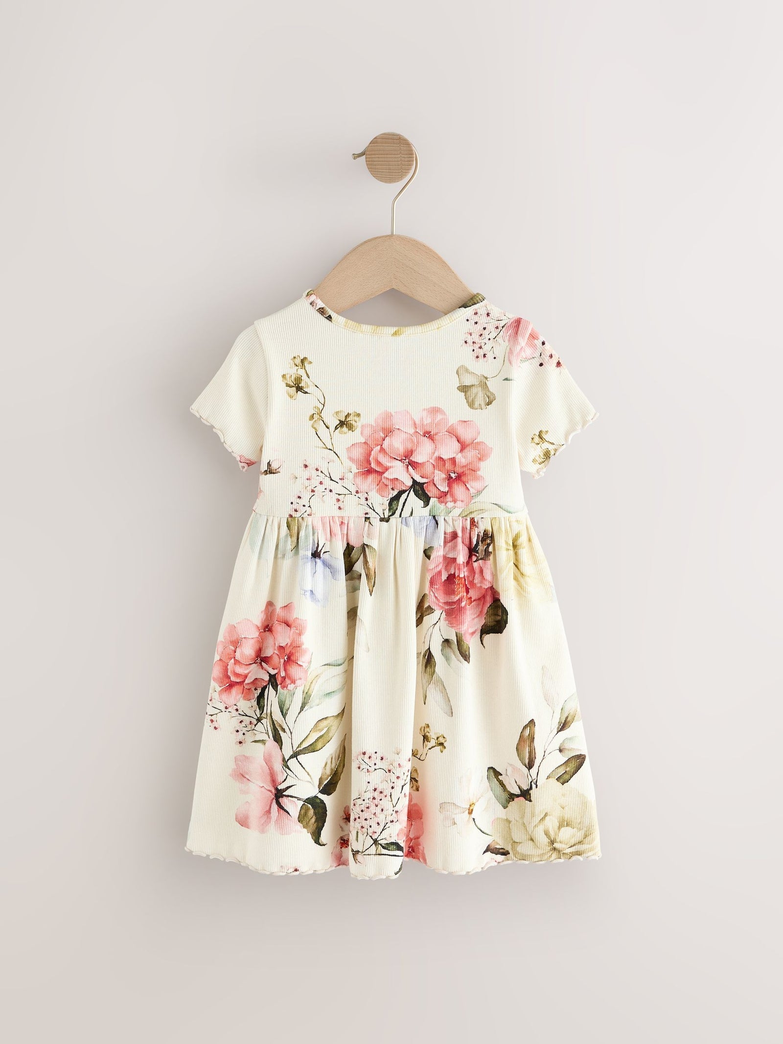 Cream Floral Short Sleeve Rib Summer Dress (3mths-7yrs)