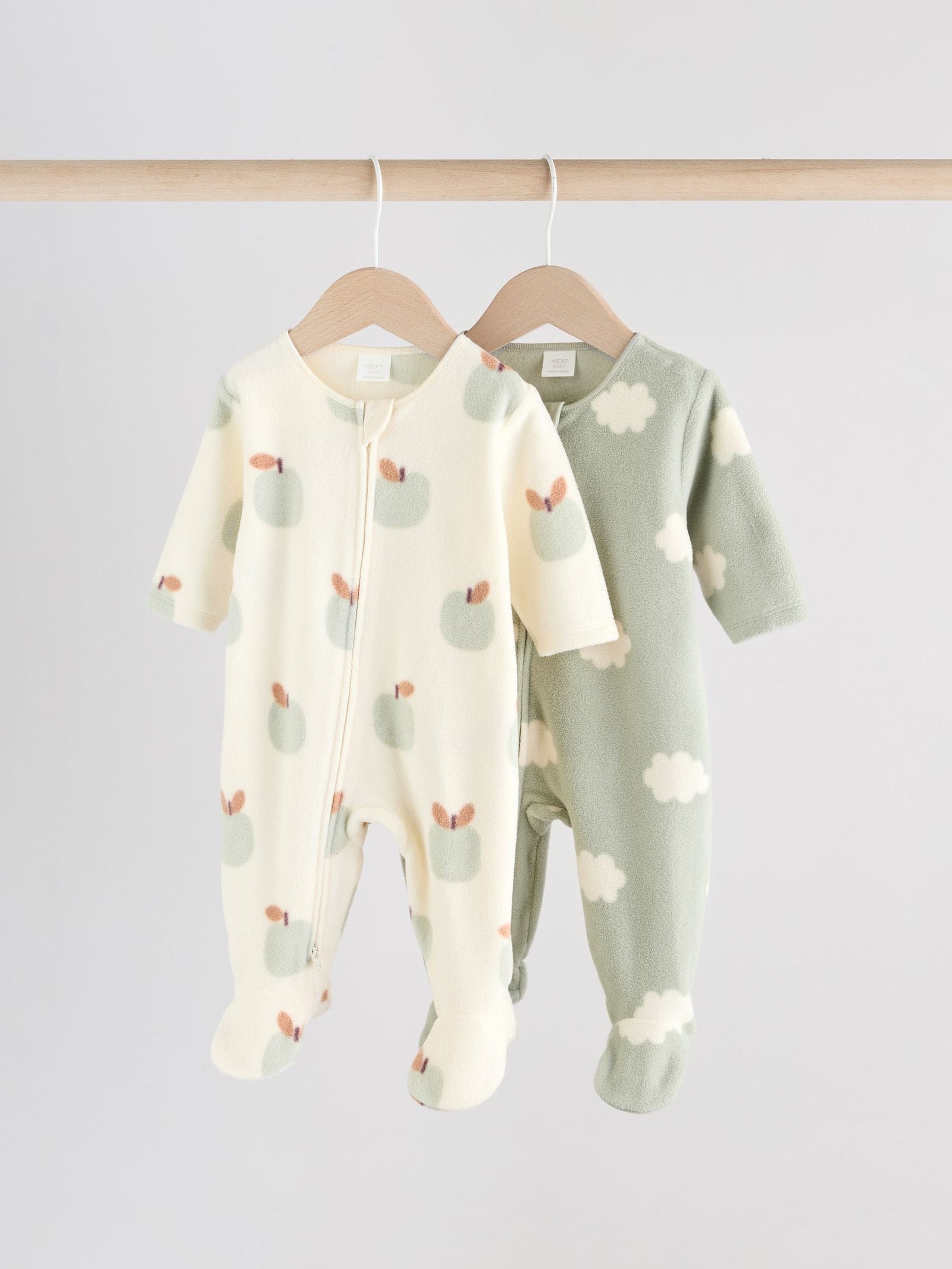 Sage Green Apple Baby Micro Fleece Two Way Zip Sleepsuits 2 Pack