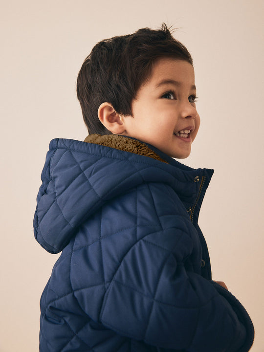 Navy Borg Lined Quilted Coat (3mths-7yrs)