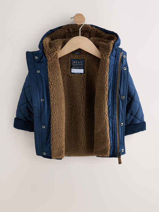 Navy Borg Lined Quilted Coat (3mths-7yrs)