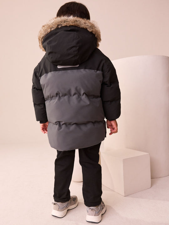 Black/Grey Waterproof Warm Padded Coat (12mths-10yrs)