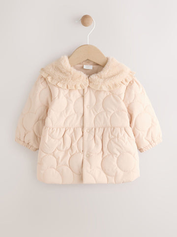 Neutral Oversized Collar Faux Fur Quilted Baby Jacket (0mths-2yrs)