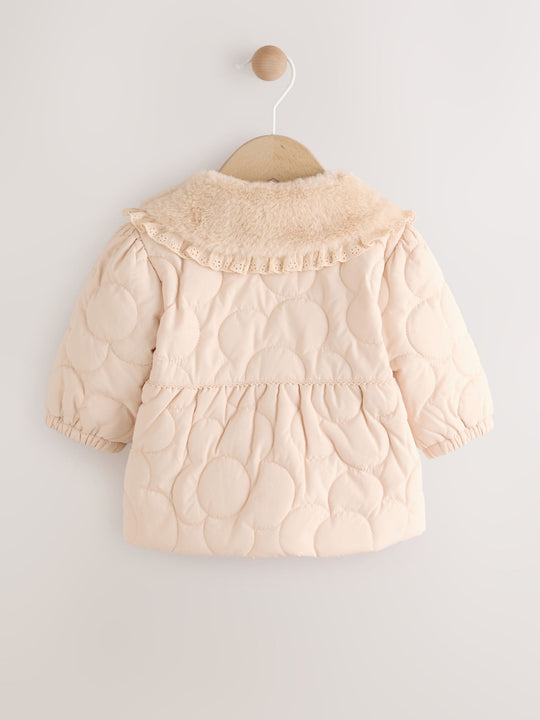 Neutral Oversized Collar Faux Fur Quilted Baby Jacket (0mths-2yrs)