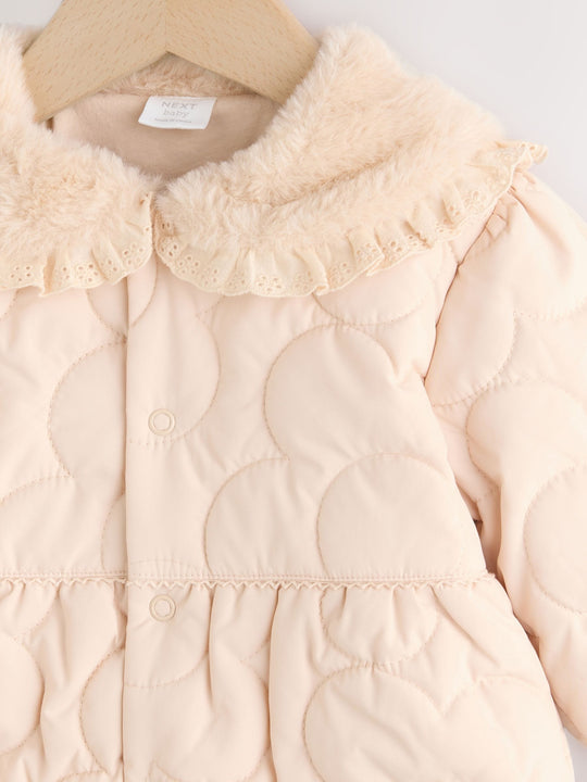 Neutral Oversized Collar Faux Fur Quilted Baby Jacket (0mths-2yrs)