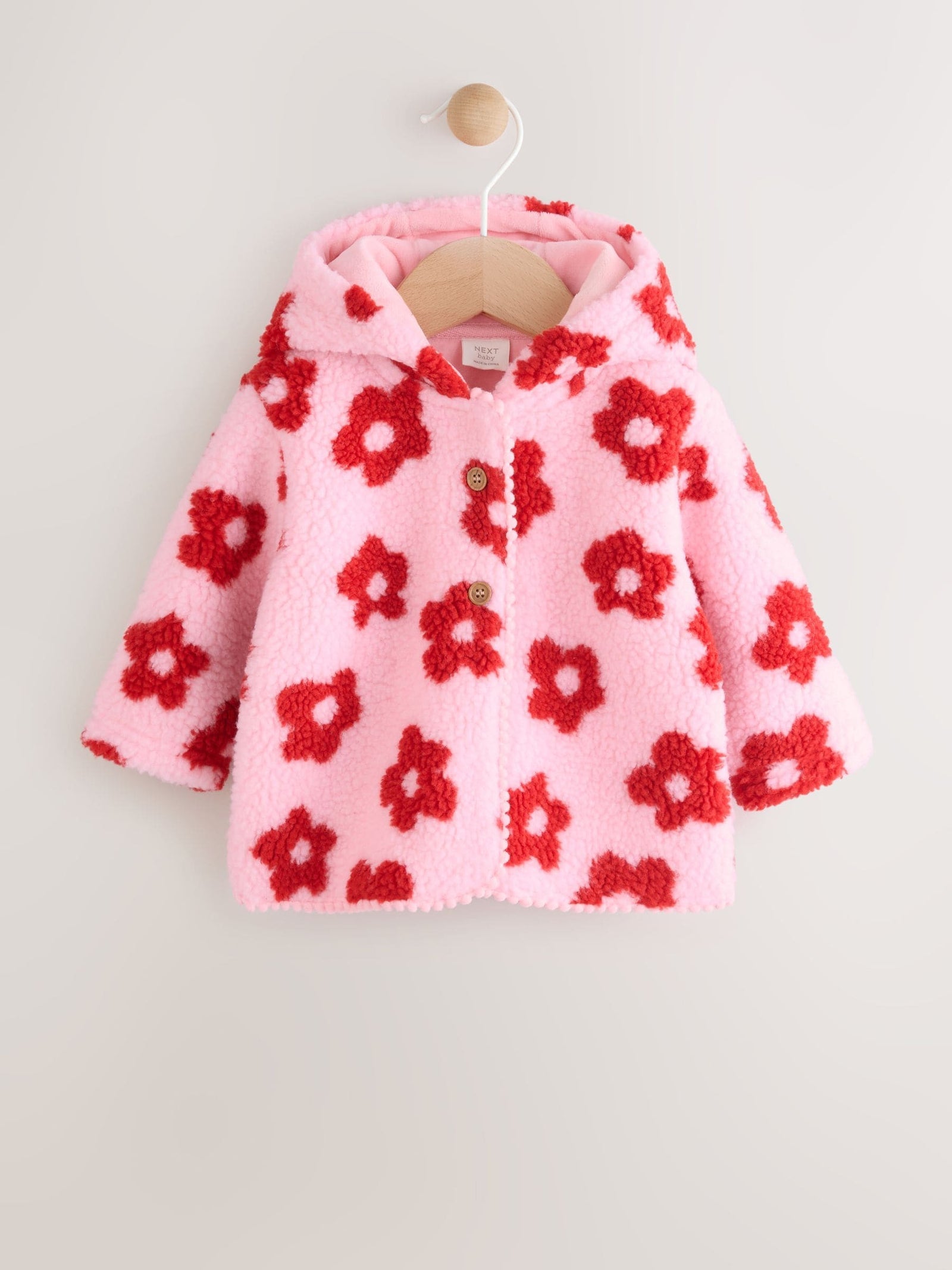 Pink Floral All Over Print Borg Hooded Baby Jacket immediate