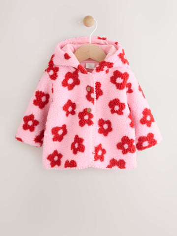 Pink Floral All Over Print Borg Hooded Baby Jacket immediate