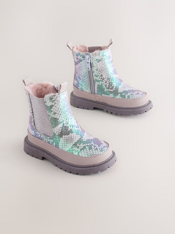 Silver Metallic Snake Chunky Chelsea Ankle Boots