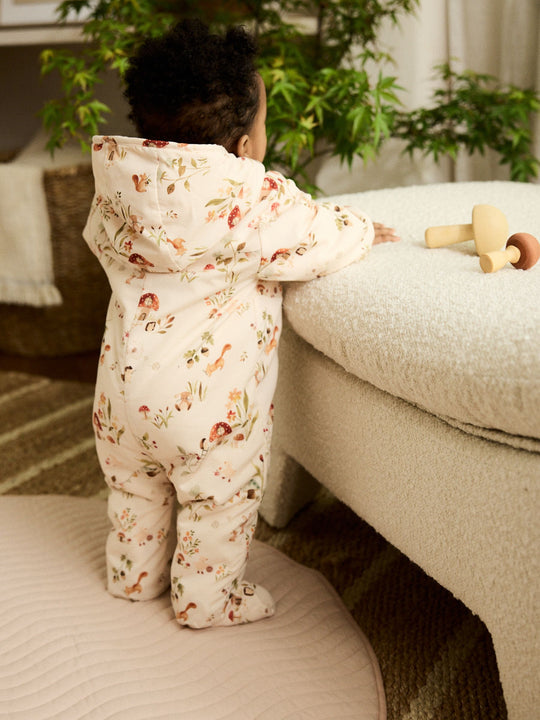 Ecru Woodland Printed Hooded Baby Pramsuit (0mths-2yrs)