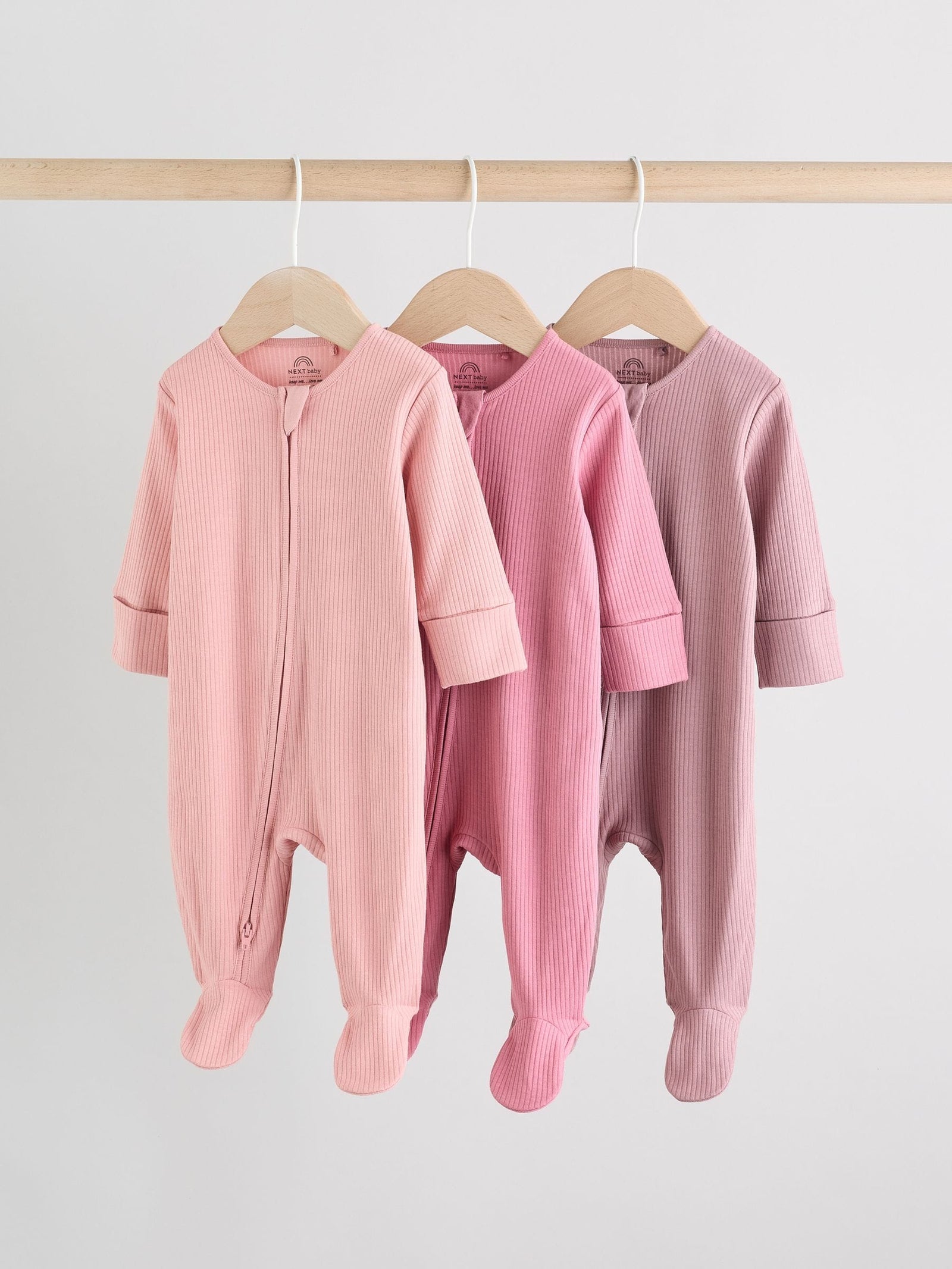Pink 3 Pack Two Way Zip Baby Sleepsuits immediate