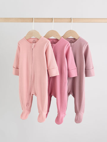 Pink 3 Pack Two Way Zip Baby Sleepsuits immediate