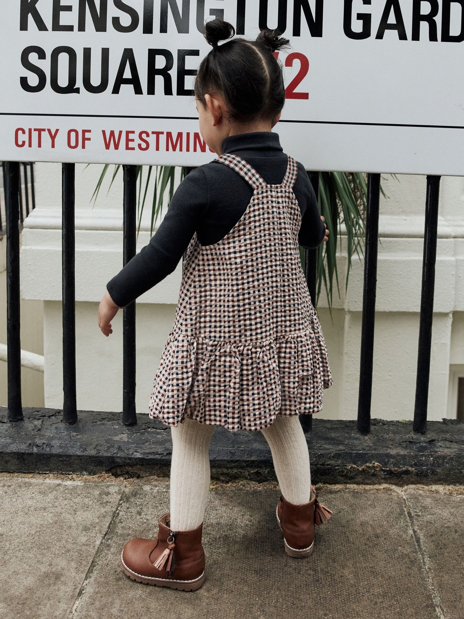 Neutral Check Bubble Hem Pinafore Dress (3mths-8yrs)
