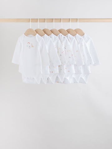 White Character 7 Pack Long Sleeve 100% Cotton Baby Bodysuits