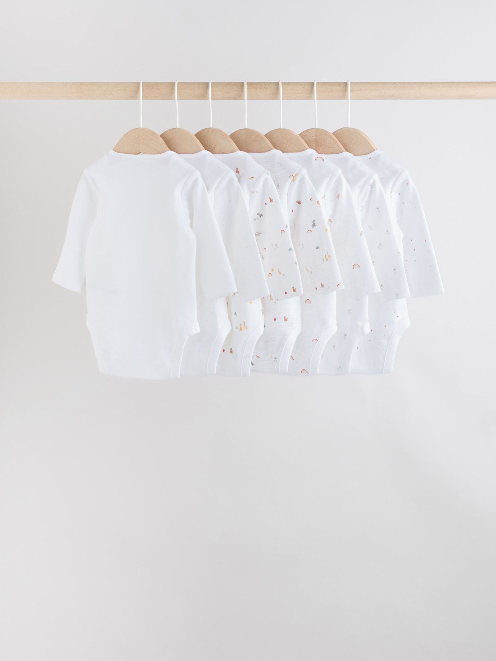 White Character 7 Pack Long Sleeve 100% Cotton Baby Bodysuits