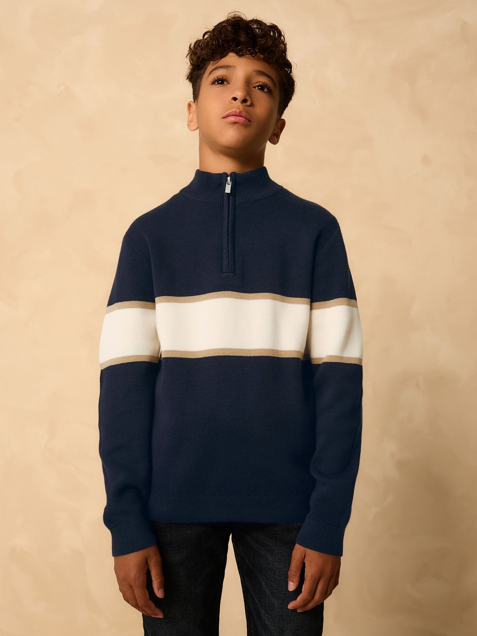 Navy Blue Colourblock Zip Neck Knitted Jumper (3-16yrs)