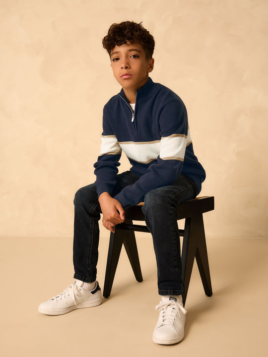 Navy Blue Colourblock Zip Neck Knitted Jumper (3-16yrs)