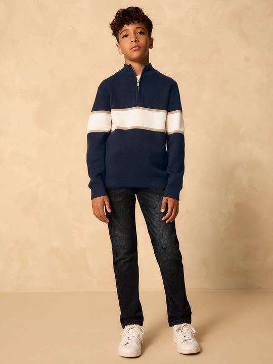 Navy Blue Colourblock Zip Neck Knitted Jumper (3-16yrs)
