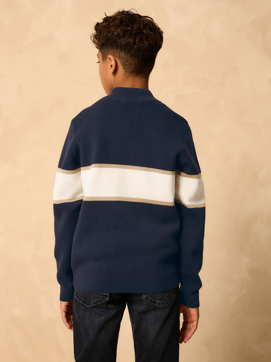 Navy Blue Colourblock Zip Neck Knitted Jumper (3-16yrs)