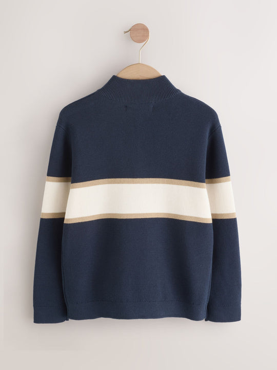 Navy Blue Colourblock Zip Neck Knitted Jumper (3-16yrs)