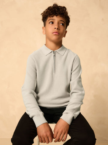 Grey Long Sleeve Zip Neck Knitted Polo Shirt (3-16yrs)