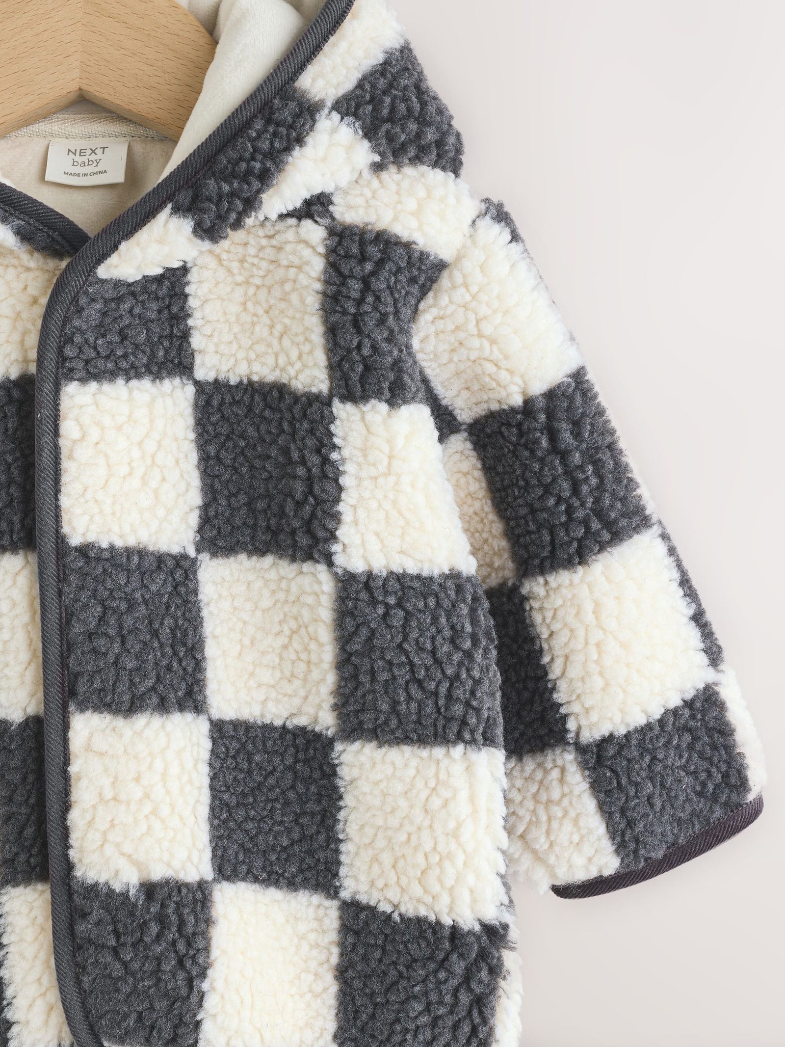 Charcoal Grey Checkerboard Hooded Baby Borg Jacket (0-18mths)
