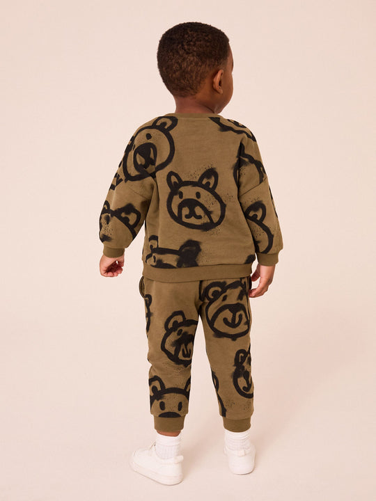 Khaki Green Spray Bears All-Over Print Character Sweatshirt and Joggers Set (immediate)
