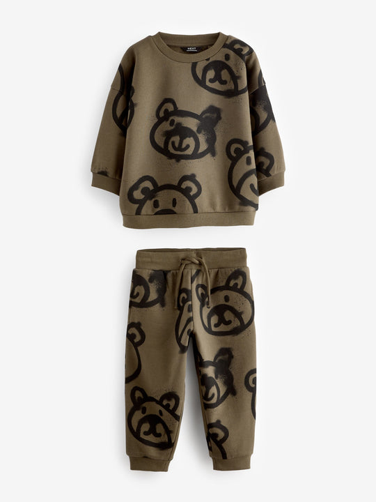 Khaki Green Spray Bears All-Over Print Character Sweatshirt and Joggers Set (immediate)