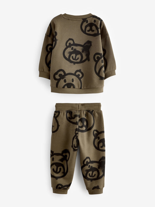 Khaki Green Spray Bears All-Over Print Character Sweatshirt and Joggers Set (immediate)