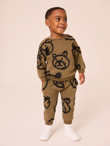 Khaki Green Spray Bears All-Over Print Character Sweatshirt and Joggers Set (immediate)