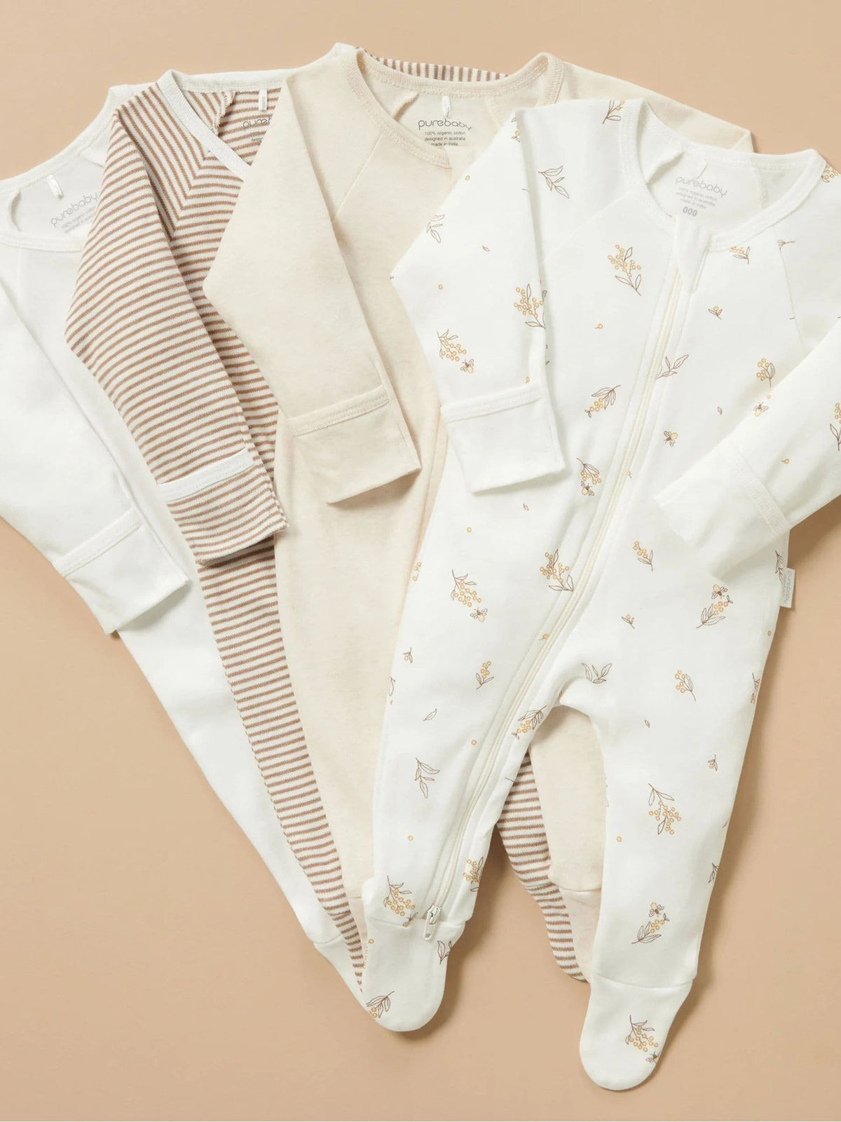 Purebaby Natural Zip Sleepsuits 4 Pack