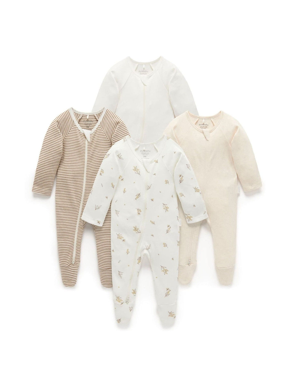 Purebaby Natural Zip Sleepsuits 4 Pack
