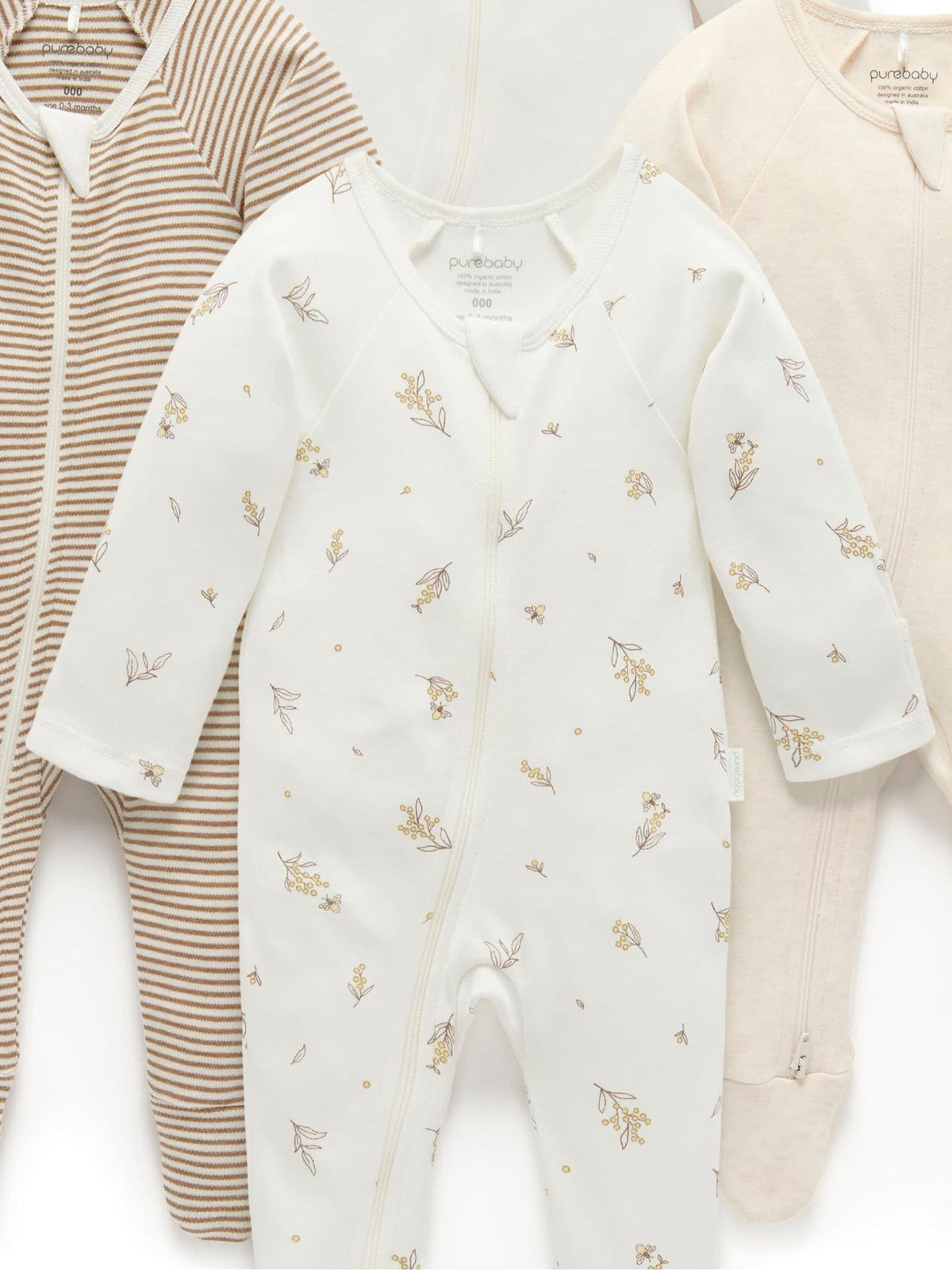 Purebaby Natural Zip Sleepsuits 4 Pack