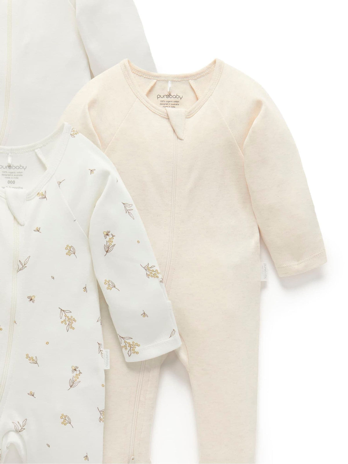 Purebaby Natural Zip Sleepsuits 4 Pack