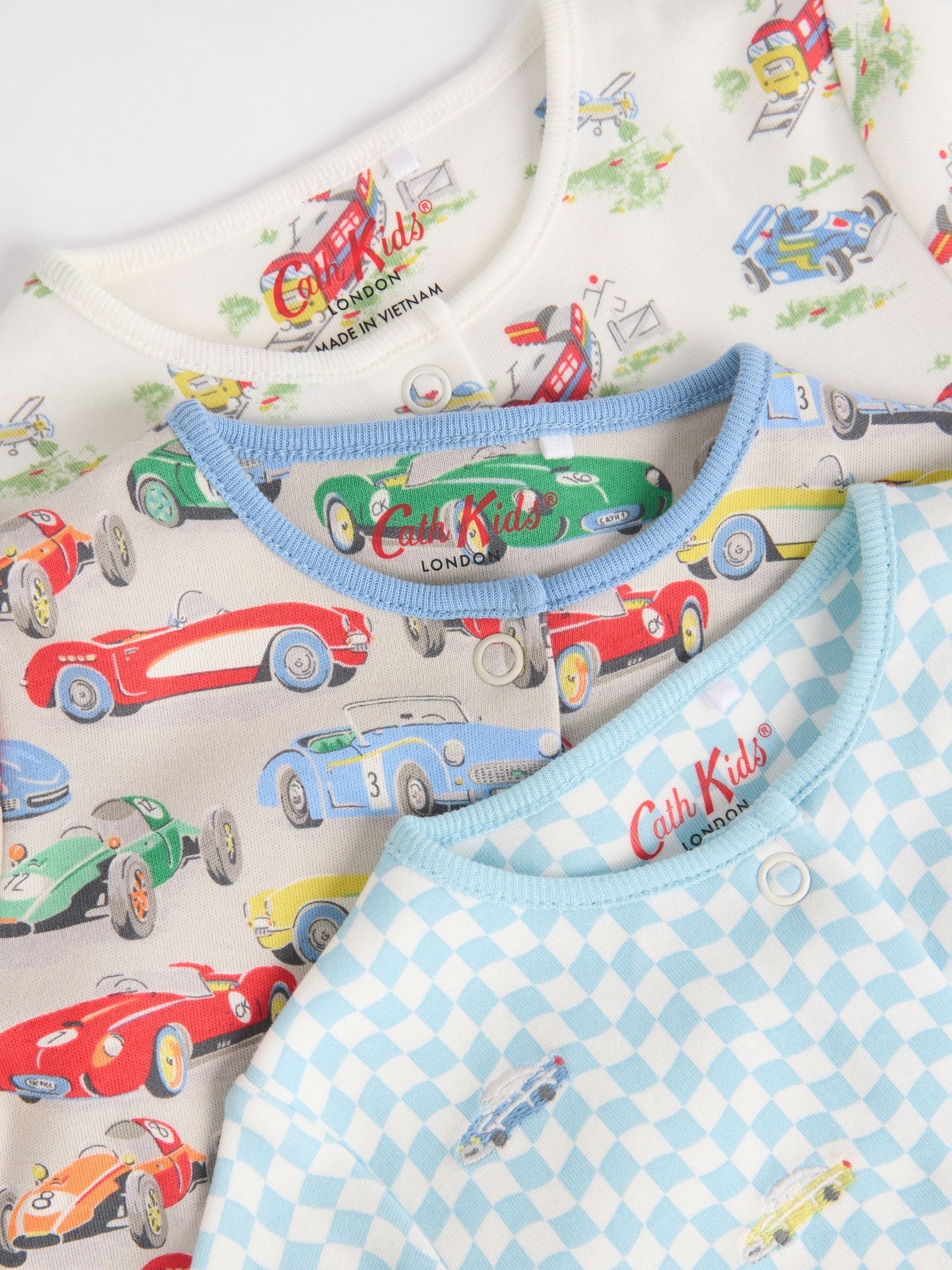 Blue/Green Cath Kidston Cars Baby 100% Cotton Sleepsuits 3 Pack