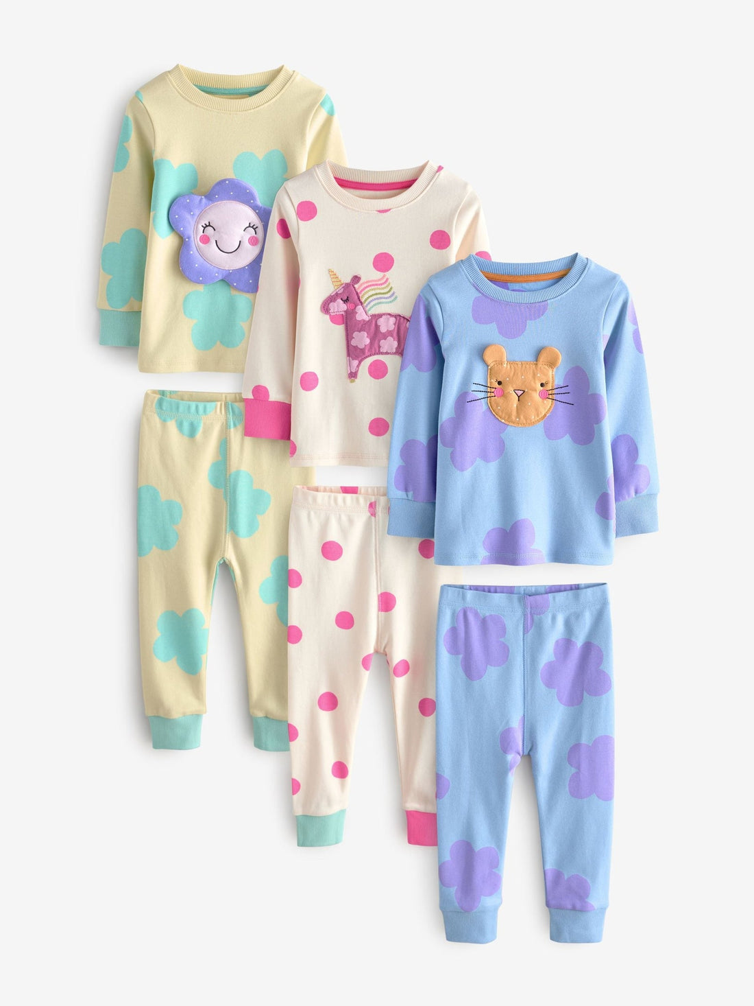 Pastel Cat/ Unicorn/ Flower Long Sleeve Snuggle Pyjamas 3 Pack