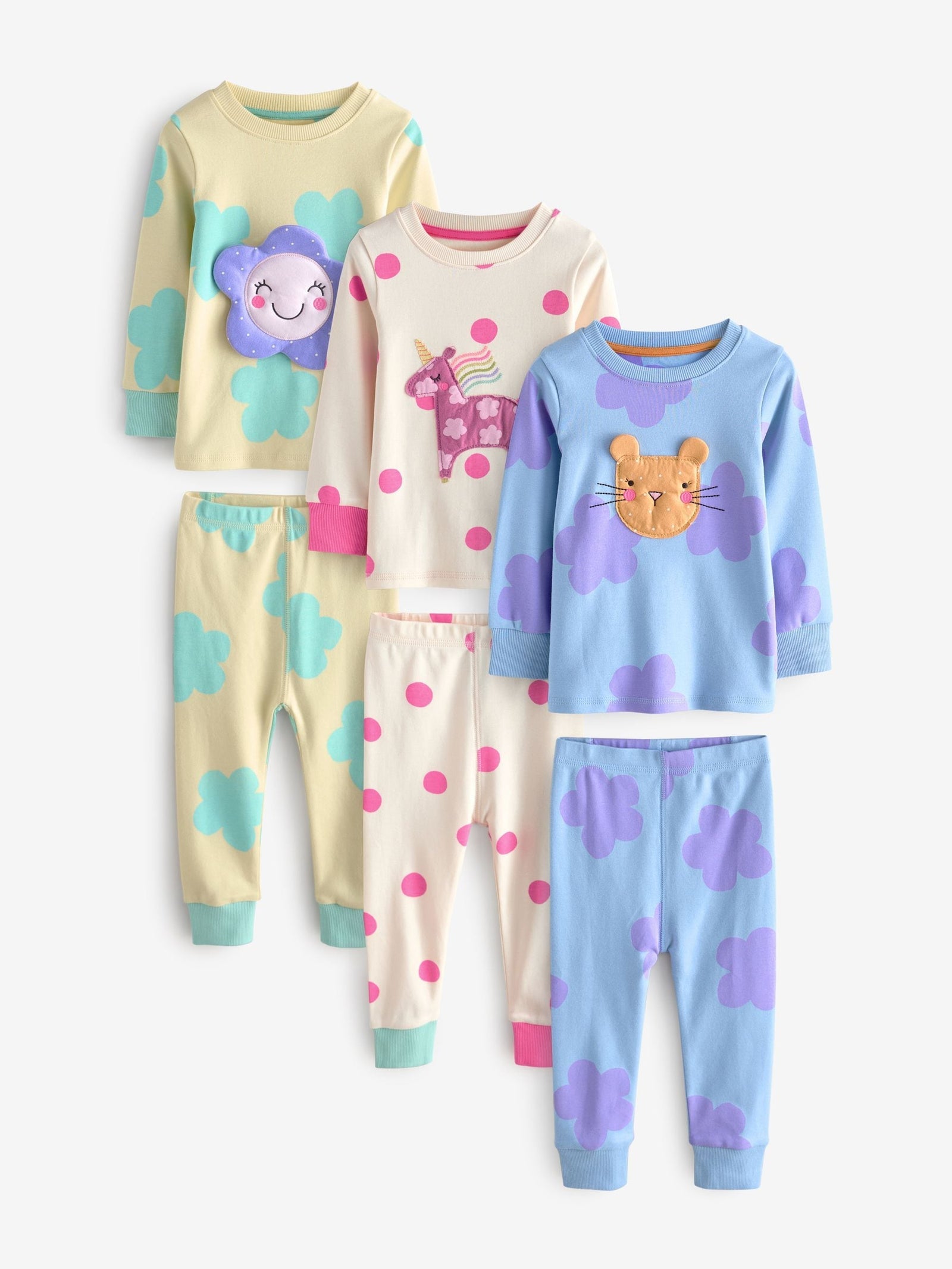 Pastel Cat/ Unicorn/ Flower Long Sleeve Snuggle Pyjamas 3 Pack